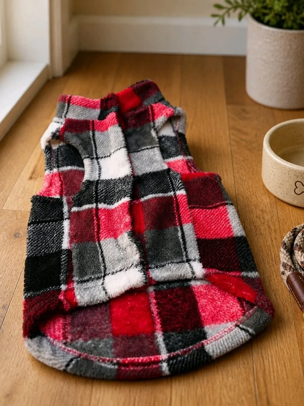Red Black Gray Plaid Fleece Dog Vest